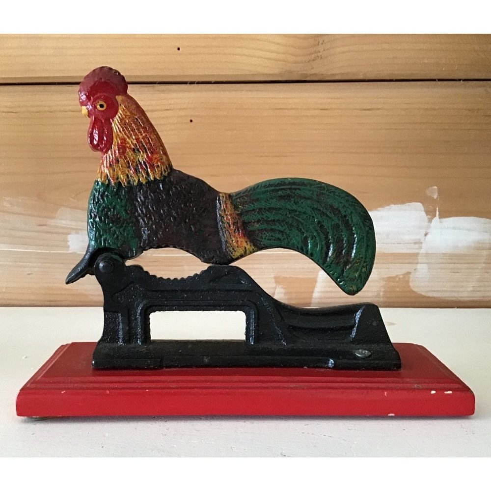 Vintage Early Pollychrome Origin Painted Iron & Wood Roster Nut Cracker